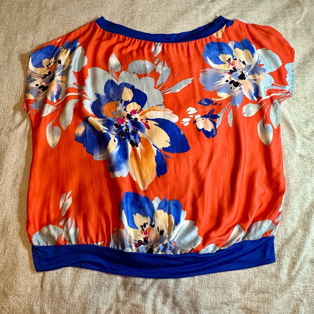 e.Luna Floral Off Shoulder Blouse 3X Red Blue Jersey Top Made in USA